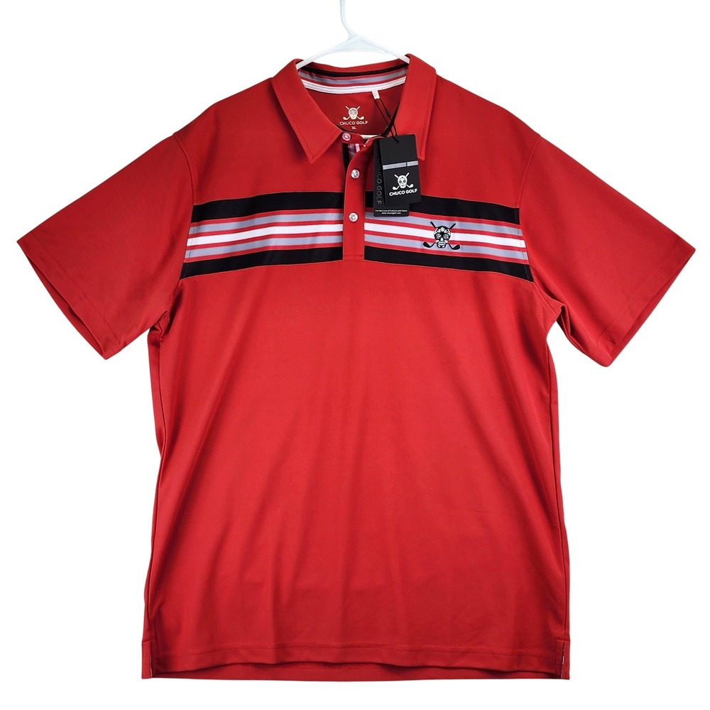 Chuco Golf The Mizer Polo Shirt Mens XL Dark Red Striped Sugar Skull Performance